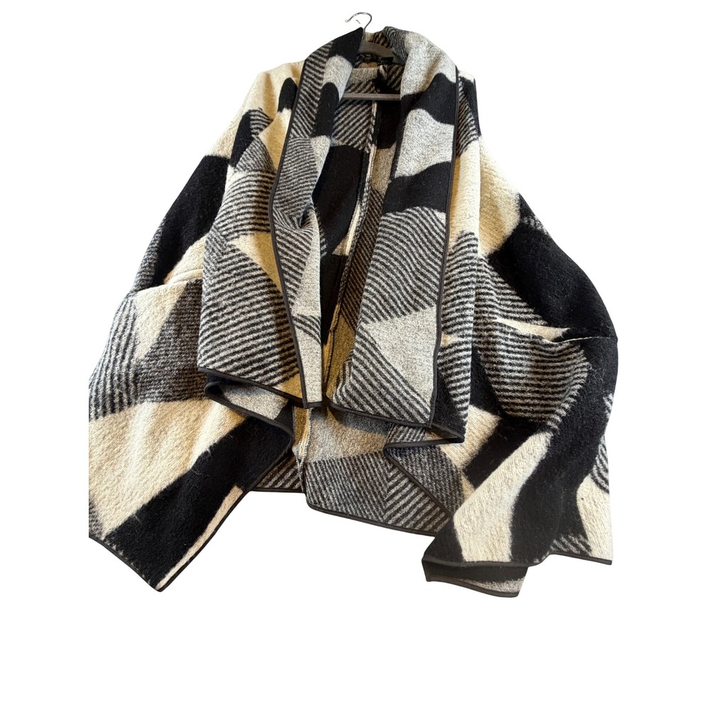 Cejon Wool Blend Geometric Draped Open Front Vest Black White OSFM